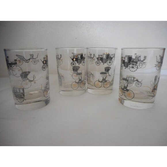 Vintage Lot of 4 Libbey Double shot glasses Black Gold Horseless Carriages Cars - Picture 1 of 1